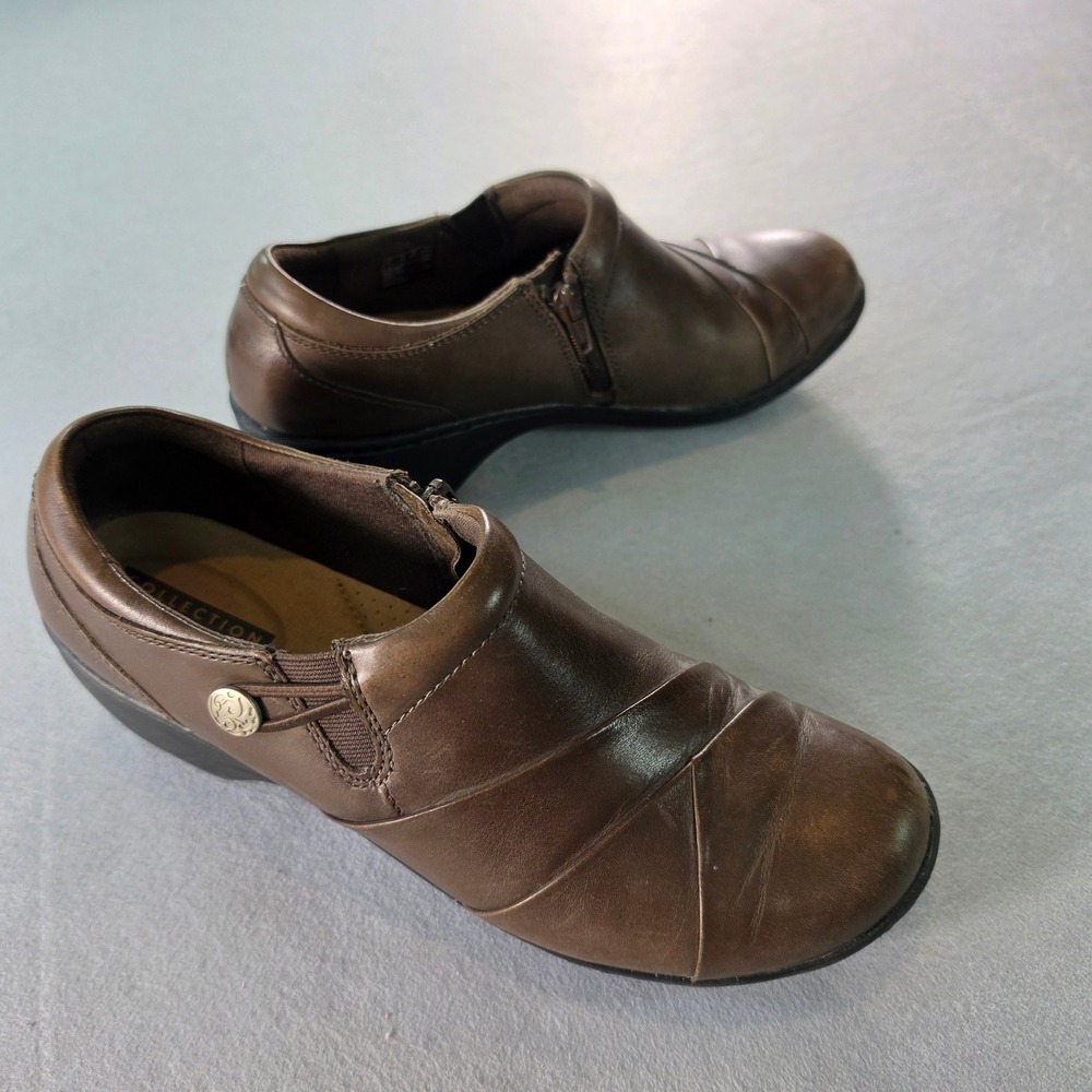 Clarks Collection Womens Brown Leather Zip Wedge Loafers Shoes 10 M 261307744075